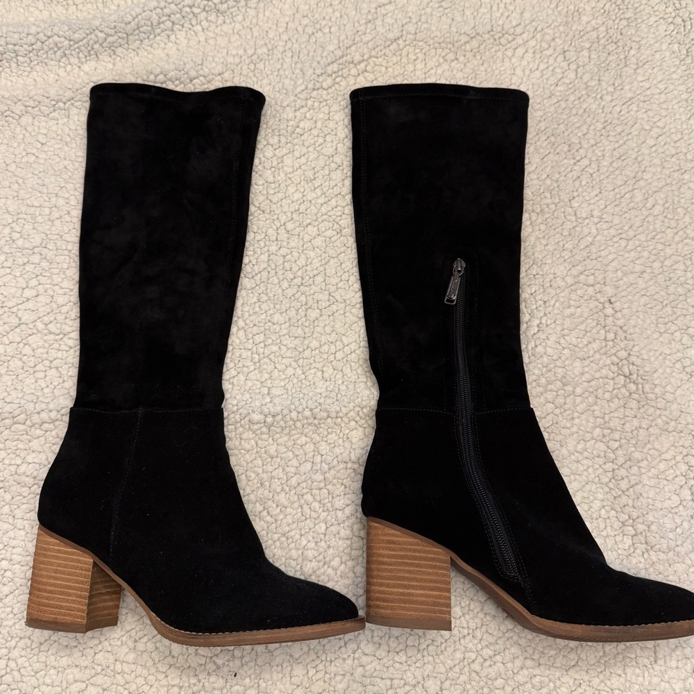 Blondo Black Suede Mid-Calf Block Heel Boots